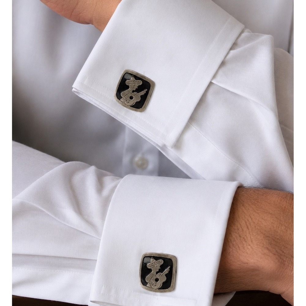 Vintage Vargas Hecho en Mexico Silver Black Mariachi Guitar Men's Cufflinks